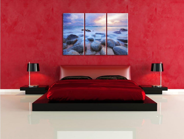 Pixxprint Romantisches Meer Bunstift Effekt 3-Teiler Leinwandbild 120x80 Bild auf Leinwand