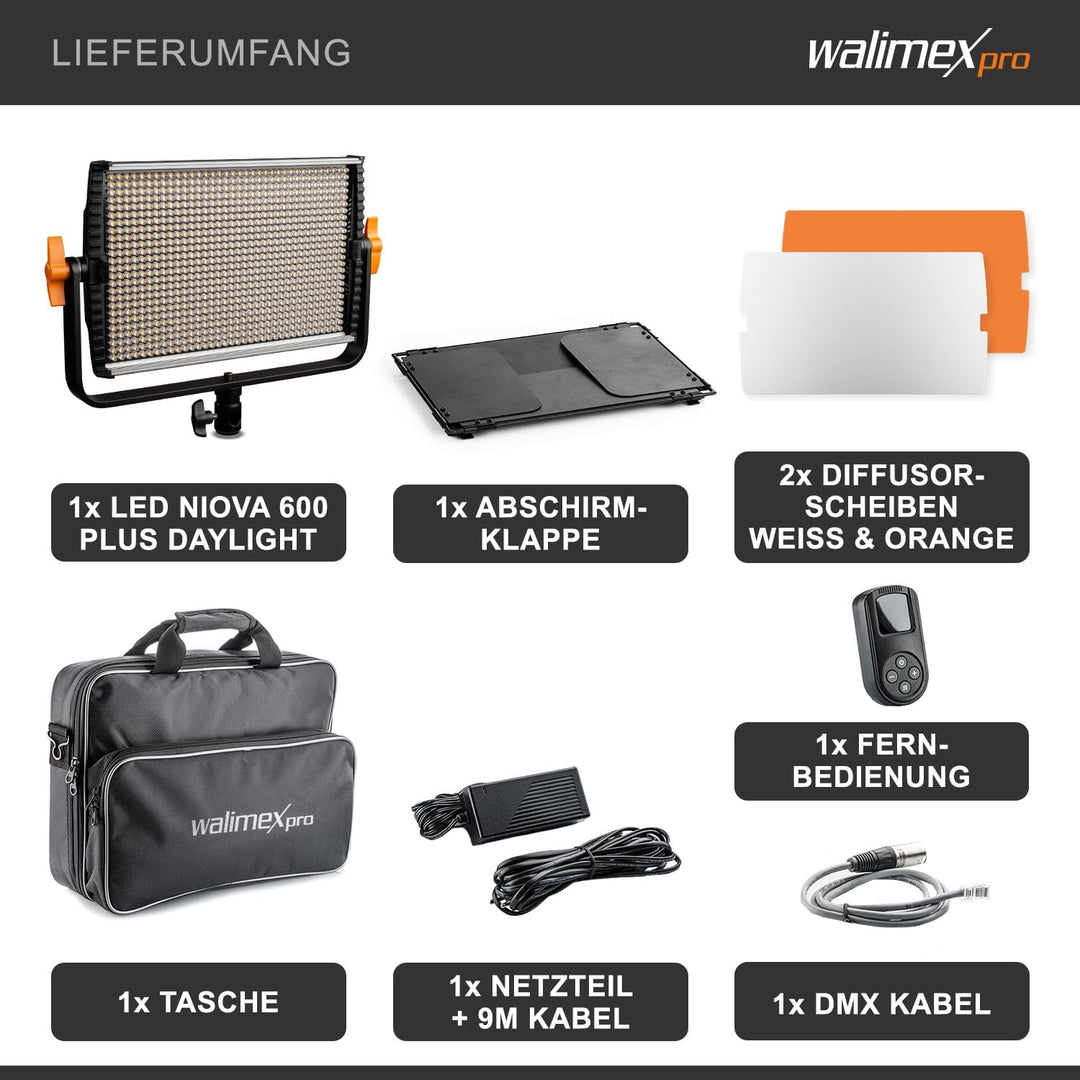Walimex pro dimmbare LED Flächenleuchte Niova 600 Plus Daylight + Akku Slots I Videoleuchte &amp; Fotoli