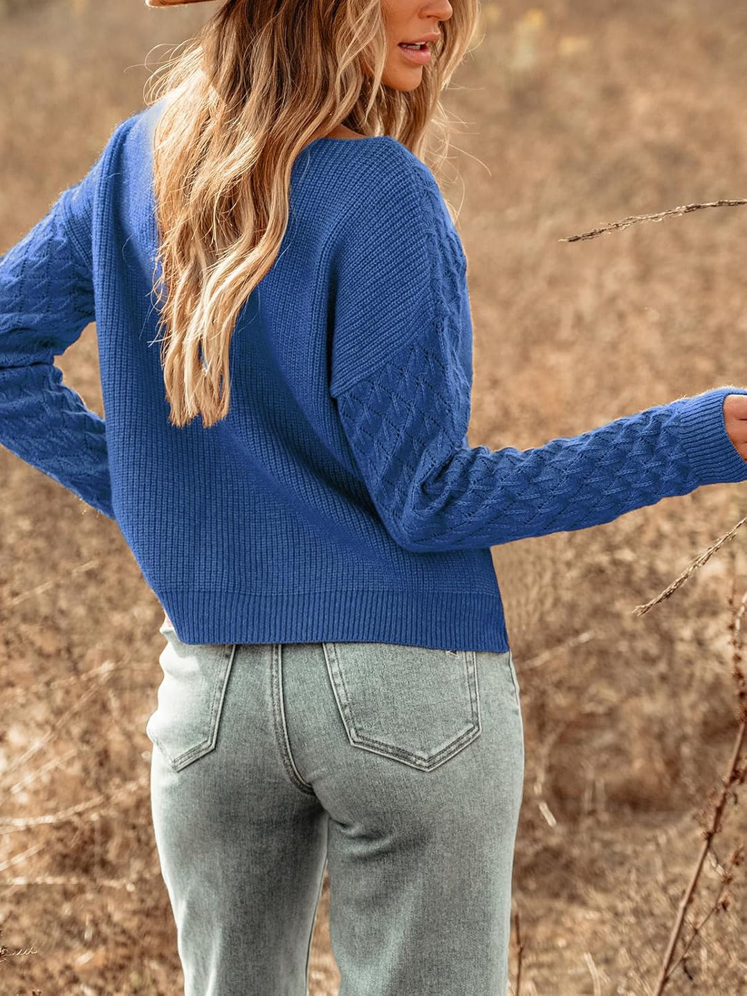 CUPSHE Damen Strickpullover Rundhals Langarm Rautenmuster Feinstrick Pulli Oberteile Tops Lässig Kni