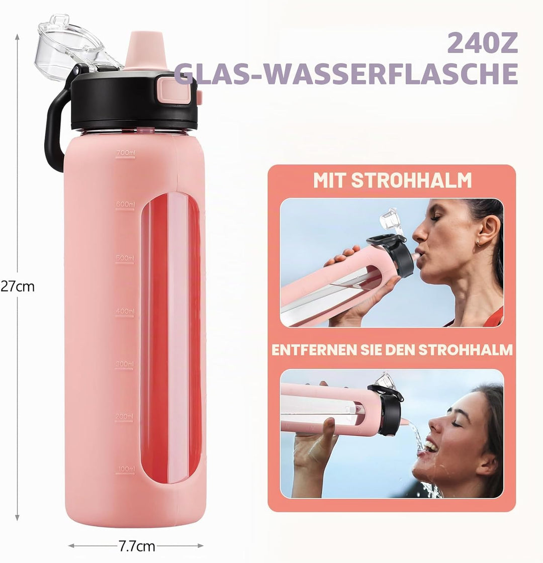 BLUEGO 700ml Trinkflasche Glas mit Strohhalm und Griff Auslaufsichere Wasserflasche mit Silikonhülle