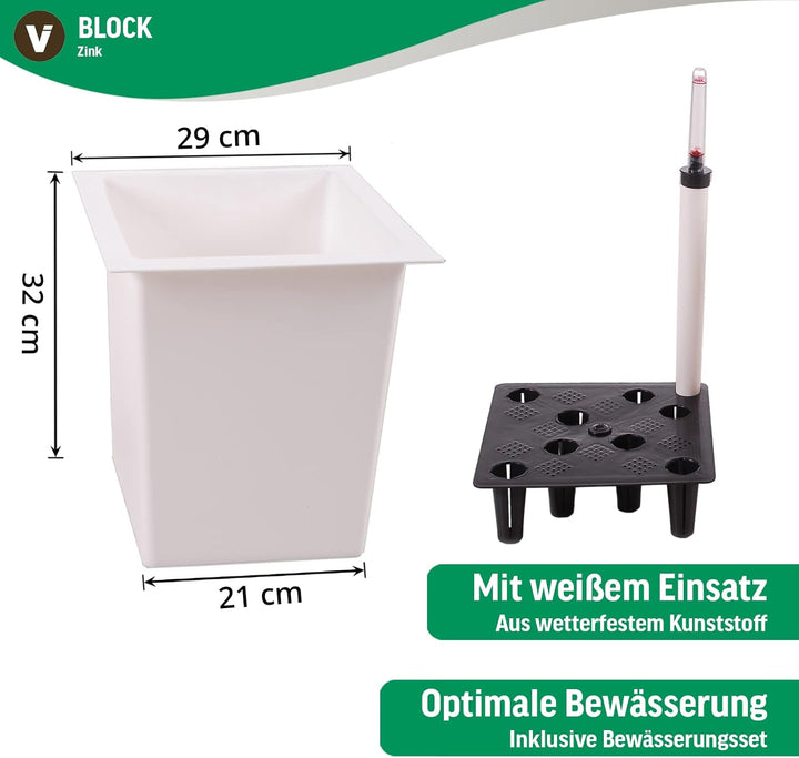 Einzel Zink Blumenkübel "Block" 80 cm, Weiss, inkl. Bewässerungsystem, 80x29x29