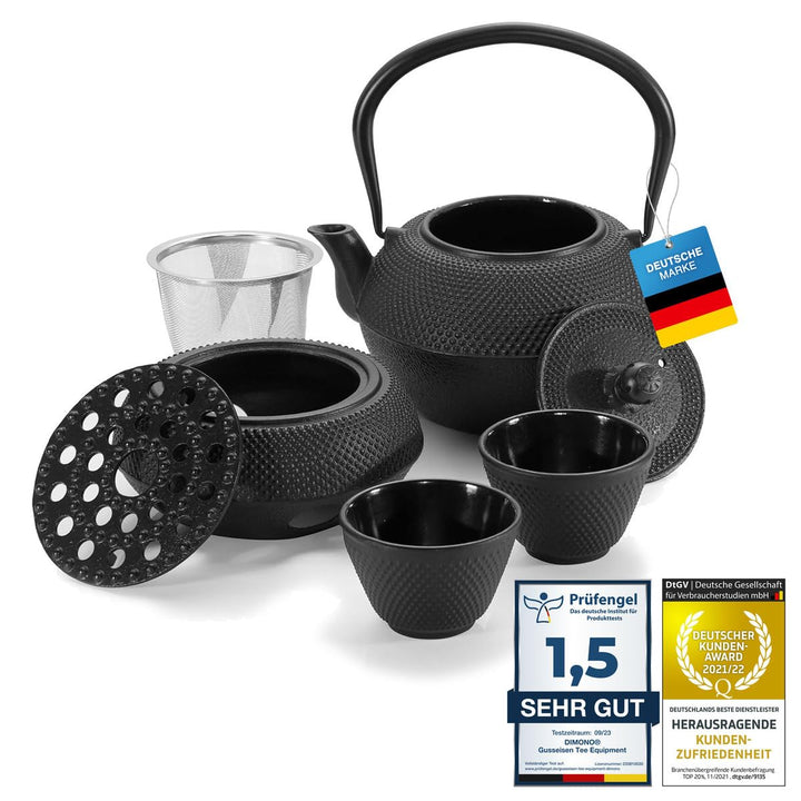 Dimono Traditionelles Tee-Set aus Gusseisen: Teekanne, Stövchen und 2 Teebecher Komplett-Set, Komple