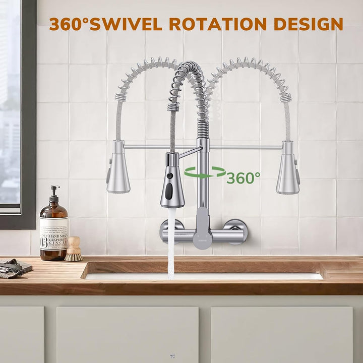 HURRAN Wasserhahn Wandmontage, Küchenarmatur mit 3 Auslaufarten, 360° Schwenkbarer Wasserhahn Küche