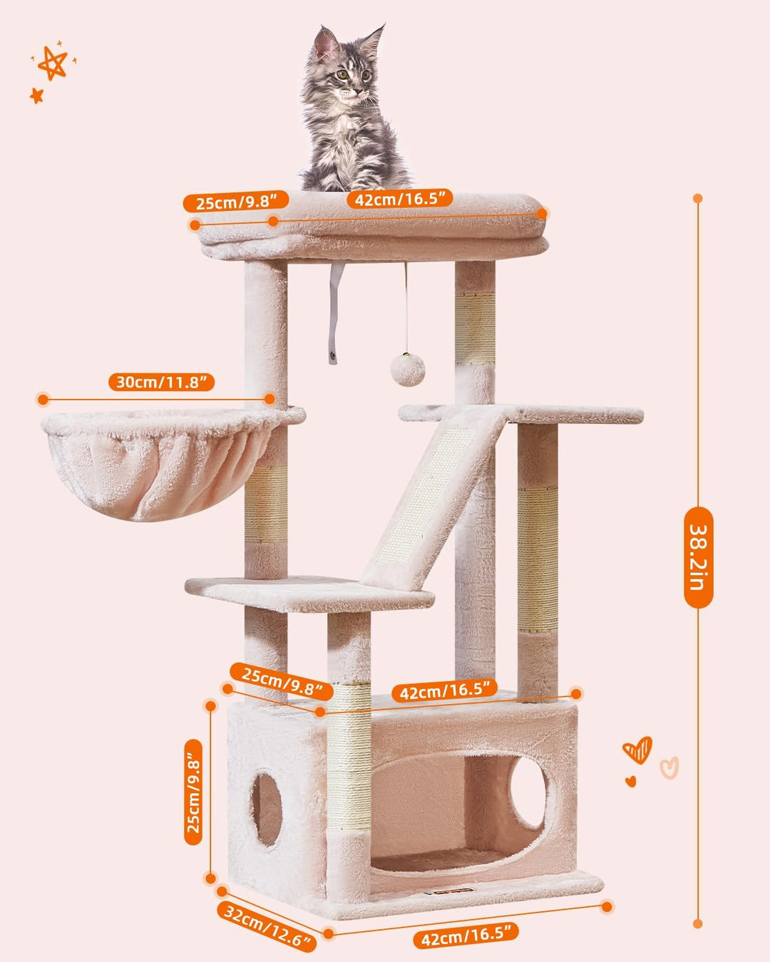 Taoqimiao Kratzbaum, 98cm katzenbaum Stabil KatzenKratzbaum Cat Tree mit Katzenhaus, Korb, 4 Kratzsä
