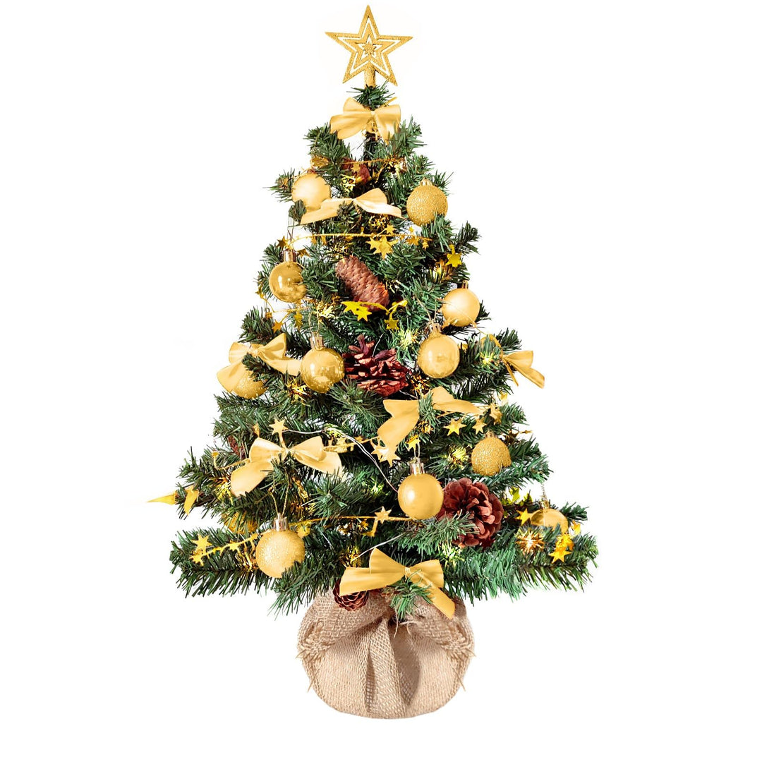 Weihnachtsbaum künstlich (WBD) 60 cm grün mit Weihnachtsdeko Gold und Led Lichterkette mit Batterieb