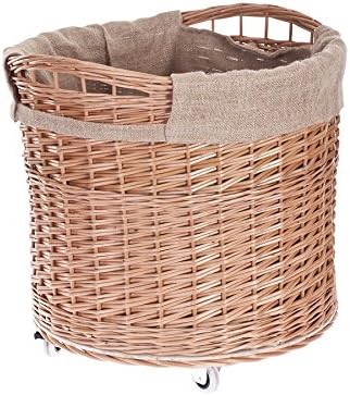 Vollweidener Kaminkorb, rund, Rollkorb aus Weide, Rollkorb für Kaminholz, Rollkorb mit Jutebezug Hol