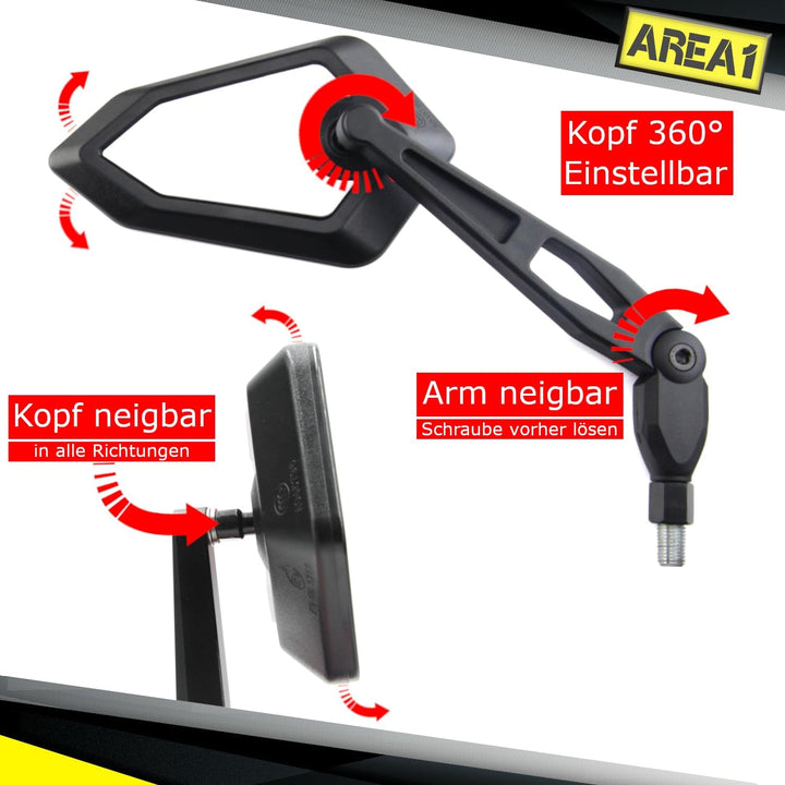 Area1 Universal Motorrad Rückspiegel Paar e-geprüft 2x M10 Rechtsgewinde + Linksgewindeadapter, pass