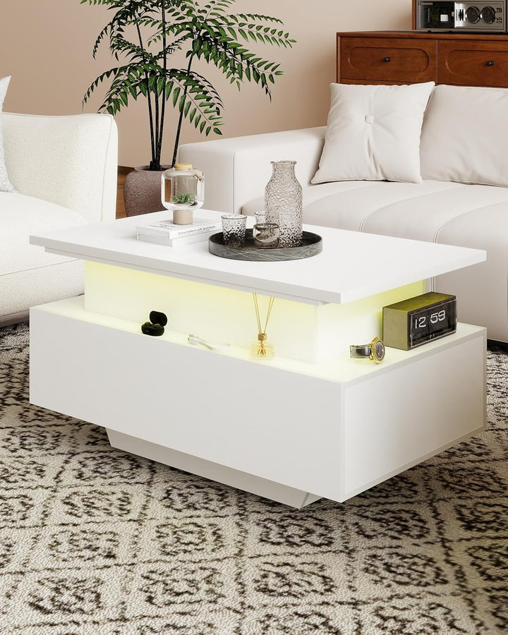 Couchtisch Höhenverstellbar Weiss Hochglanz, Couchtisch Aufklappbar mit Stauraum Modern, Wohnzimmert