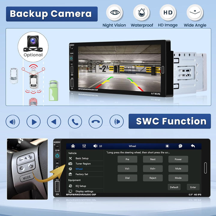 Hikity 1 Din Autoradio Bluetooth Wireless CarPlay und Android Auto, 1 DIN Car Radio mit mit 7 Zoll B