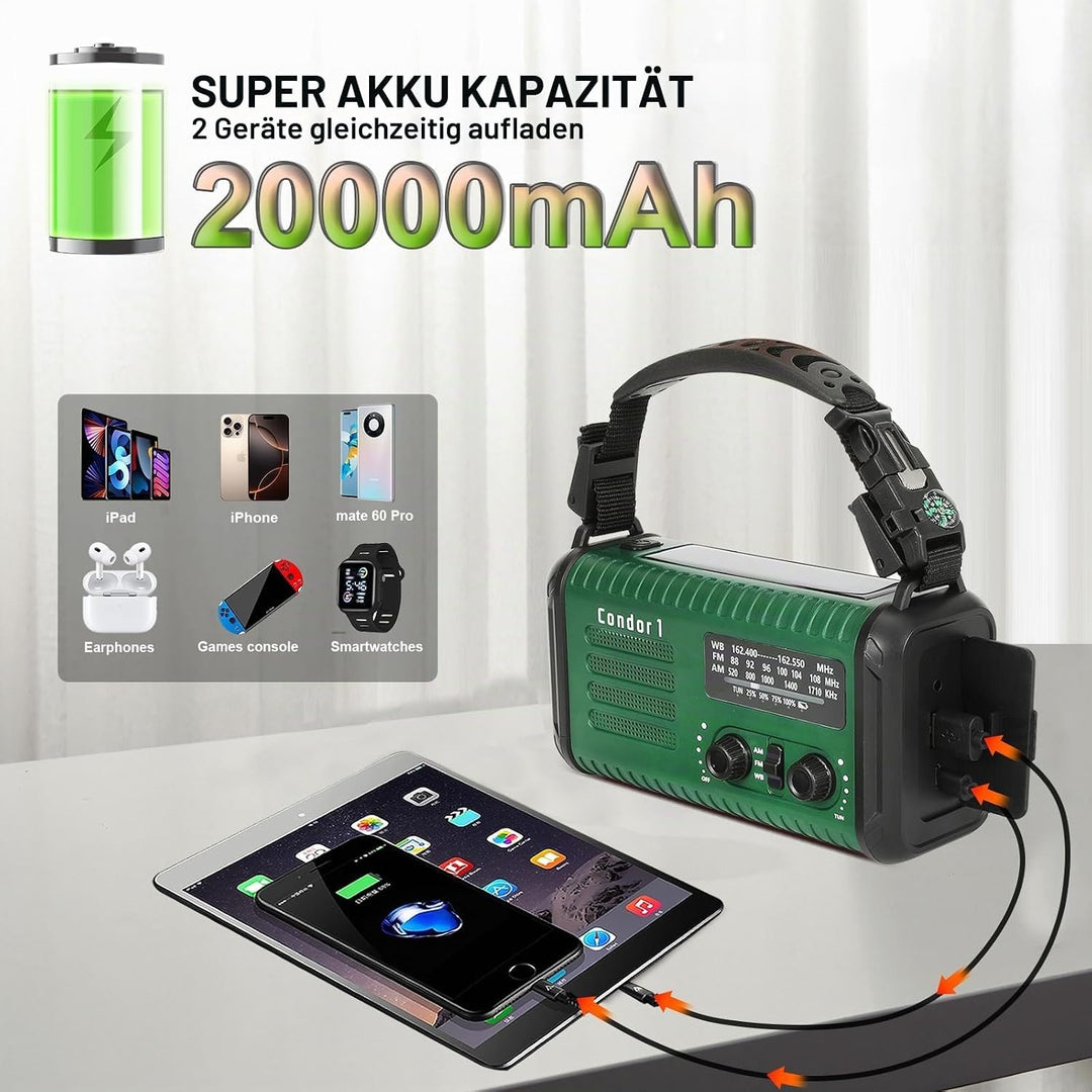 Notfall-Radio, 20.000 mAh/74000 mWh, Solar-Handkurbelradio AM/FM/NOAA Wetterradio, batteriebetrieben