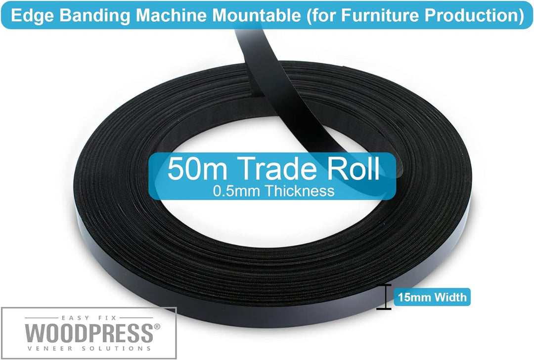WoodPress® 15mm Mattschwarz Melamin Kantenumleimer mit Schmelzkleber – 50m Industrielle Rolle – Einf