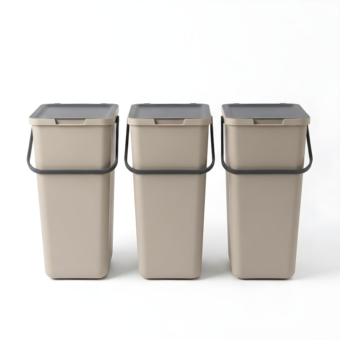 Mülltrennsystem 3 fach, 3x 32l beige, gross, Mülleimer freistehend, geruchsdicht, 34x28x53(H) cm, Be