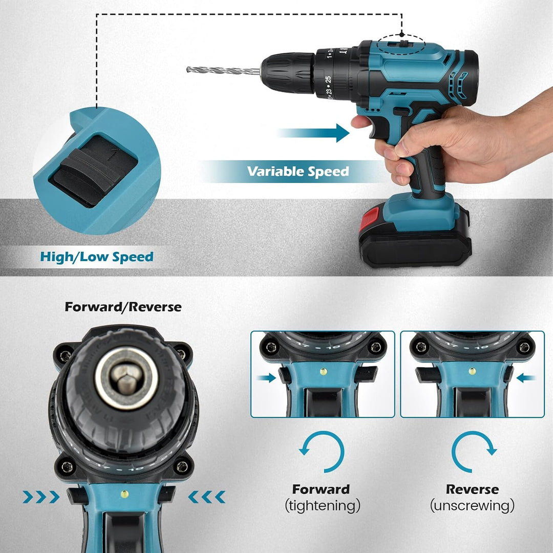 Akku Bohrschrauber Set 21V: Akkubohrer mit 2 Akkus 2000mAh,42Nm Max Drill Set 25+3 Paar, 24 Stück Bo