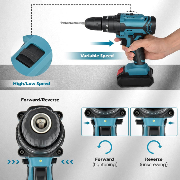 Akku Bohrschrauber Set 21V: Akkubohrer mit 2 Akkus 2000mAh,42Nm Max Drill Set 25+3 Paar, 24 Stück Bo