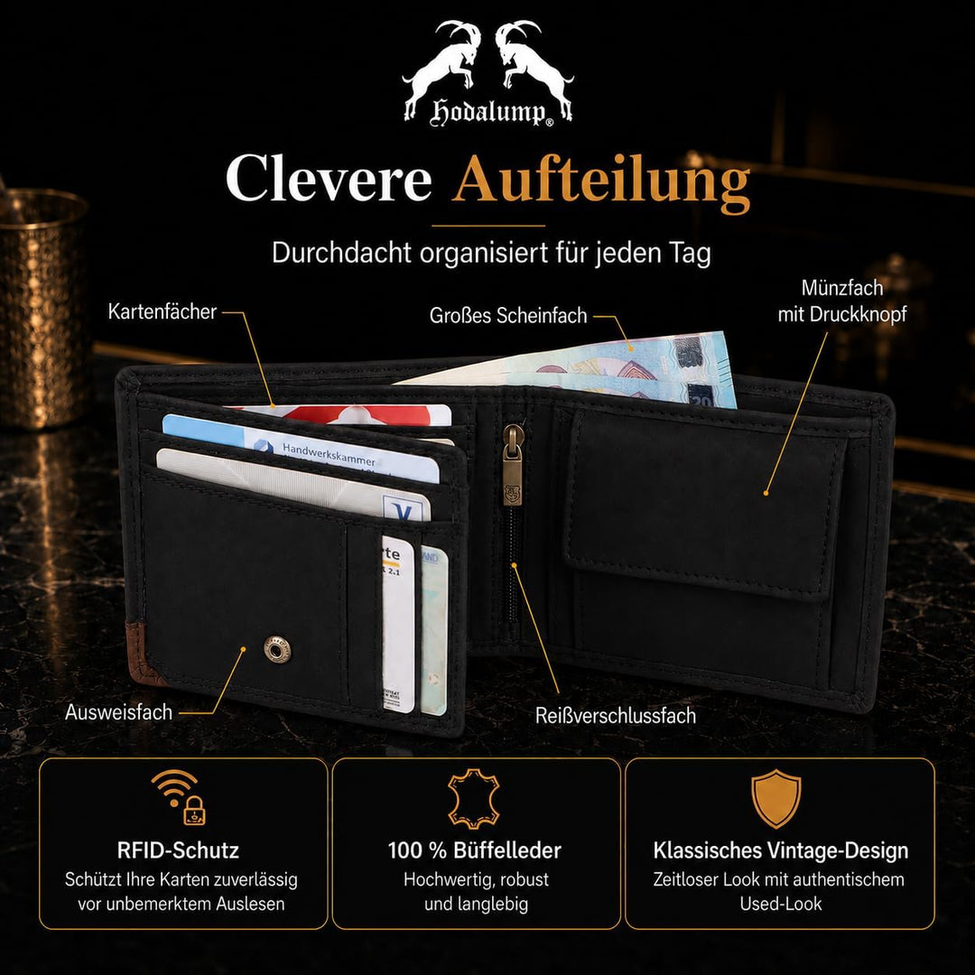 hodalump Echt-Leder Geldbörse • Premium Geldbeutel für Damen und Herren mit RFID-Schutz • Langlebige