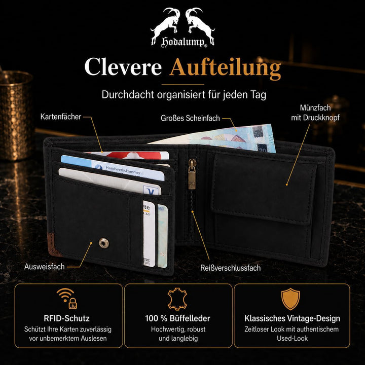 hodalump Echt-Leder Geldbörse • Premium Geldbeutel für Damen und Herren mit RFID-Schutz • Langlebige