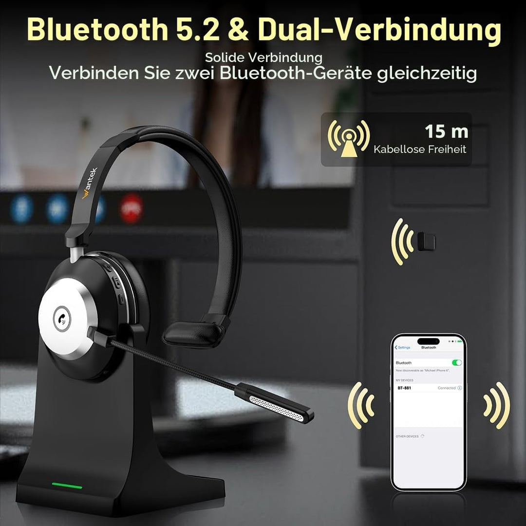Wantek Bluetooth-Headset mit Mikrofon für PC, V5.2, Kabelloses Headset mit Rauschunterdrückungs-Mikr