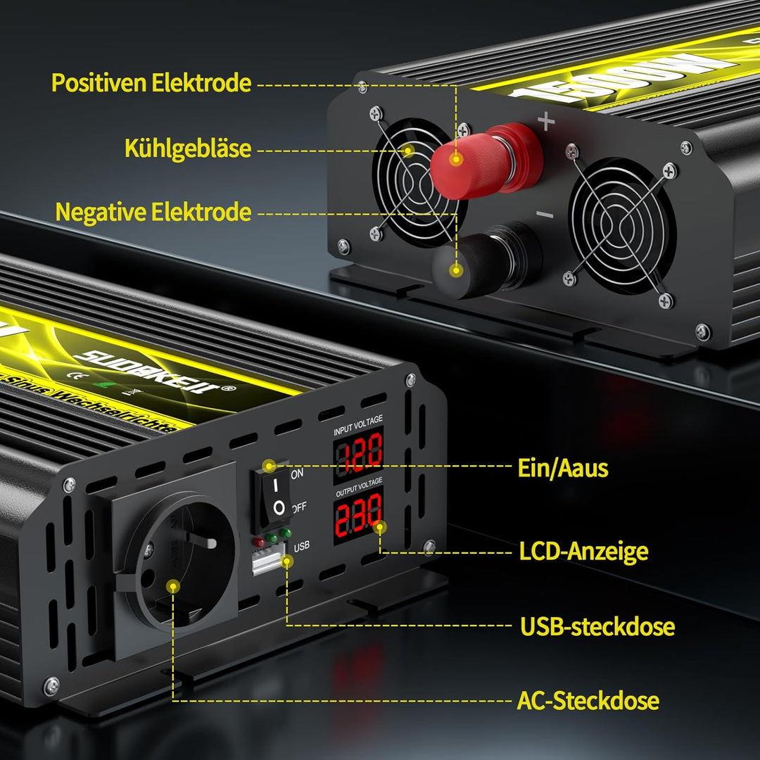 SUDOKEJI Spannungswandler 1500W/3000W Reiner Sinus Wechselrichter 12V auf 230V EU-Steckdose mit LCD