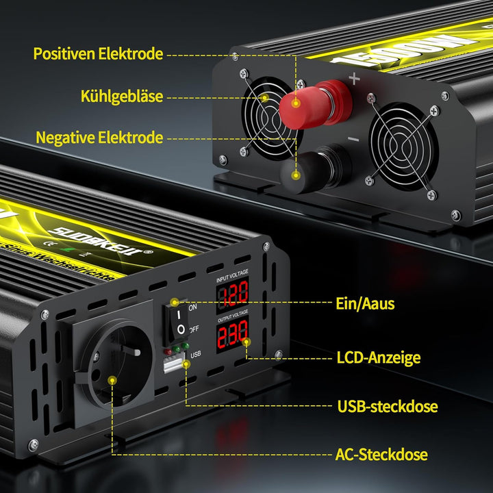 SUDOKEJI Spannungswandler 1500W/3000W Reiner Sinus Wechselrichter 12V auf 230V EU-Steckdose mit LCD