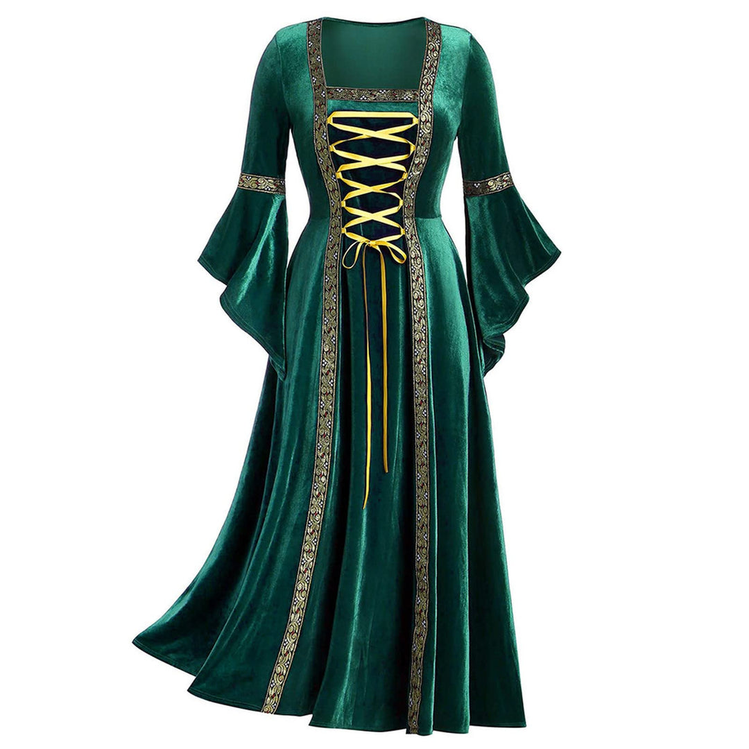 Mittelalter Kleidung Damen, Damen Mittelalter Kleid Satin Trompetenärmel Bodenlanges Retro Kostüm Ge