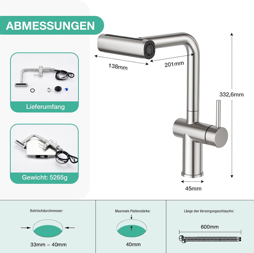 Faustina Küchenarmatur mit 4-Wasserstrahlarten-Brause Ausziehbar, Hochdruck Einhebelmischer Armatur