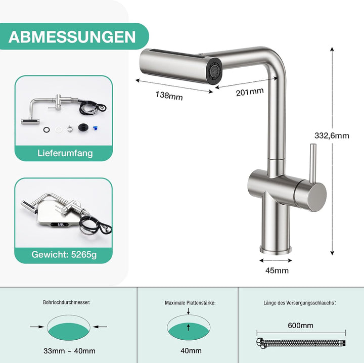 Faustina Küchenarmatur mit 4-Wasserstrahlarten-Brause Ausziehbar, Hochdruck Einhebelmischer Armatur