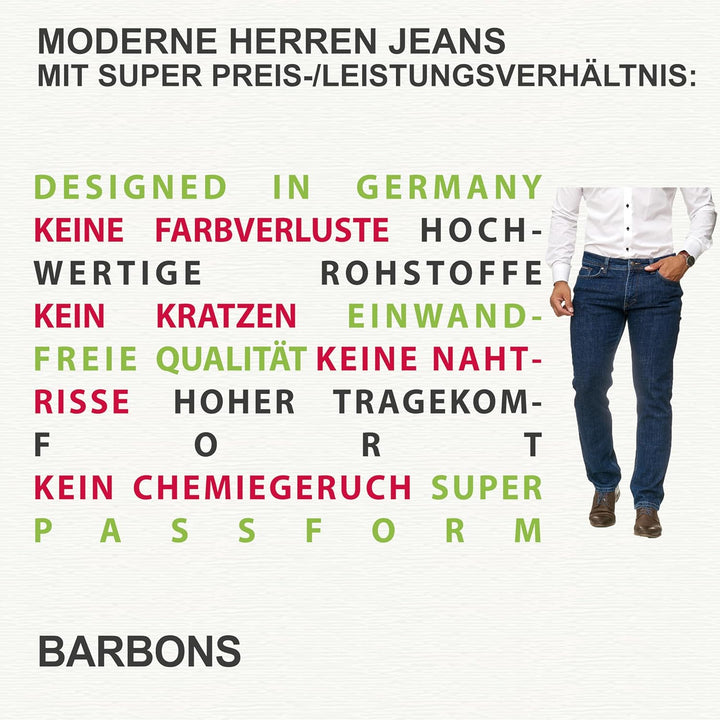 BARBONS Herren Jeans - Bügelleicht - Regular-Fit Stretch - Business Freizeit - Hochwertige Jeans-Hos