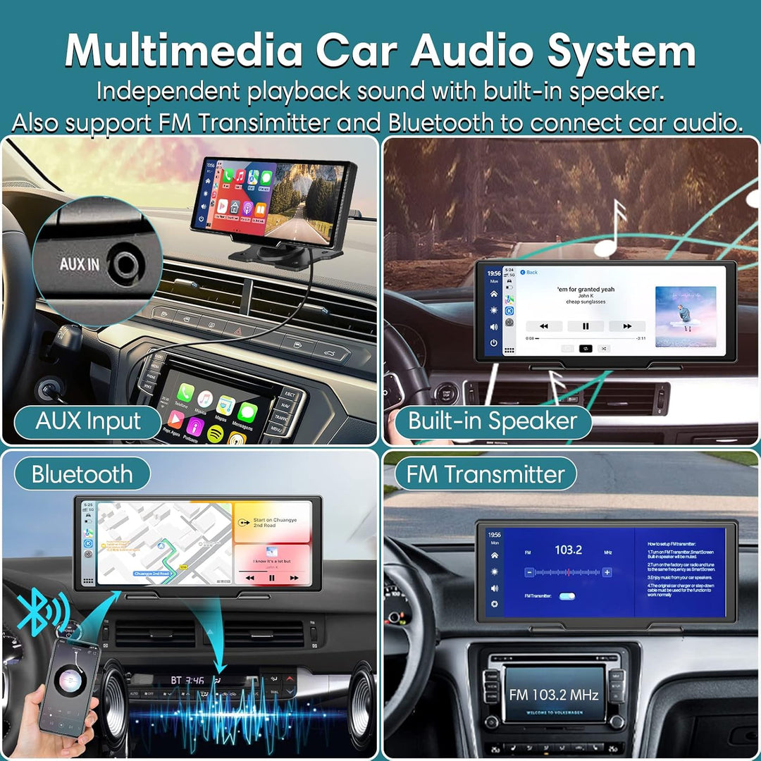 Tragbares Autoradio mit Wireless Carplay und Android Auto, Dashcam, Rückfahrkamera, Loop-Recording,