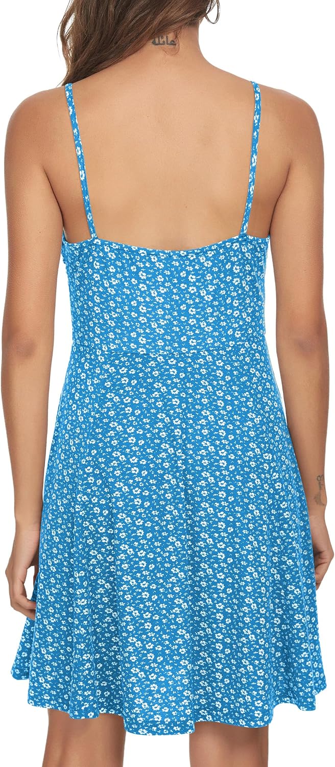Missufe Damen Sommerkleid Swing Blumenkleid Freizeitkleid Spaghettiträger Cami Kleider L Blau, L Bla
