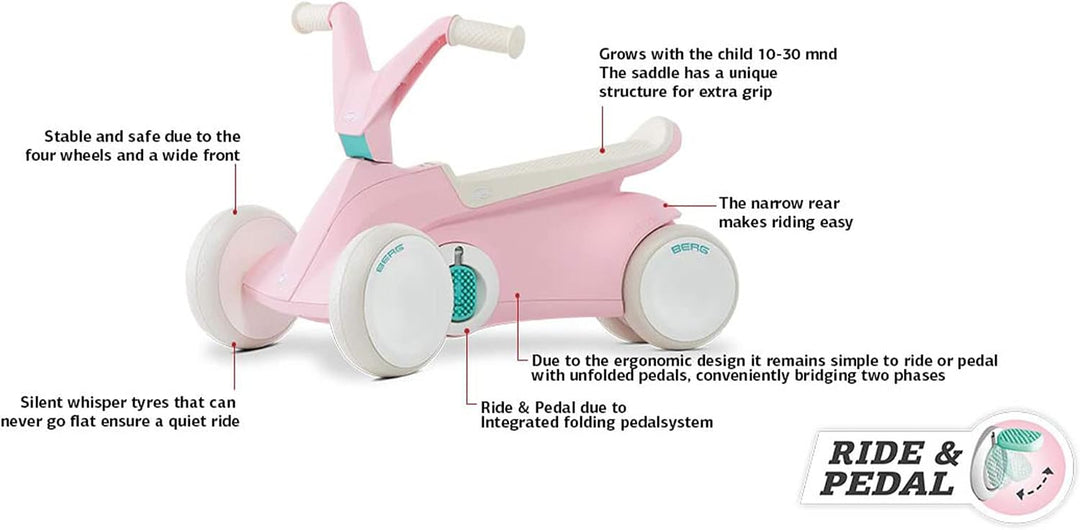 BERG GO2 2in1 Rutschauto Rosa | Kinderrutscher &amp; Laufrad ab 1 Jahr | Kinderauto mit ausklappbaren Pe
