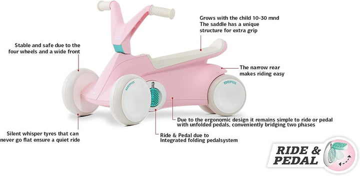 BERG GO2 2in1 Rutschauto Rosa | Kinderrutscher &amp; Laufrad ab 1 Jahr | Kinderauto mit ausklappbaren Pe