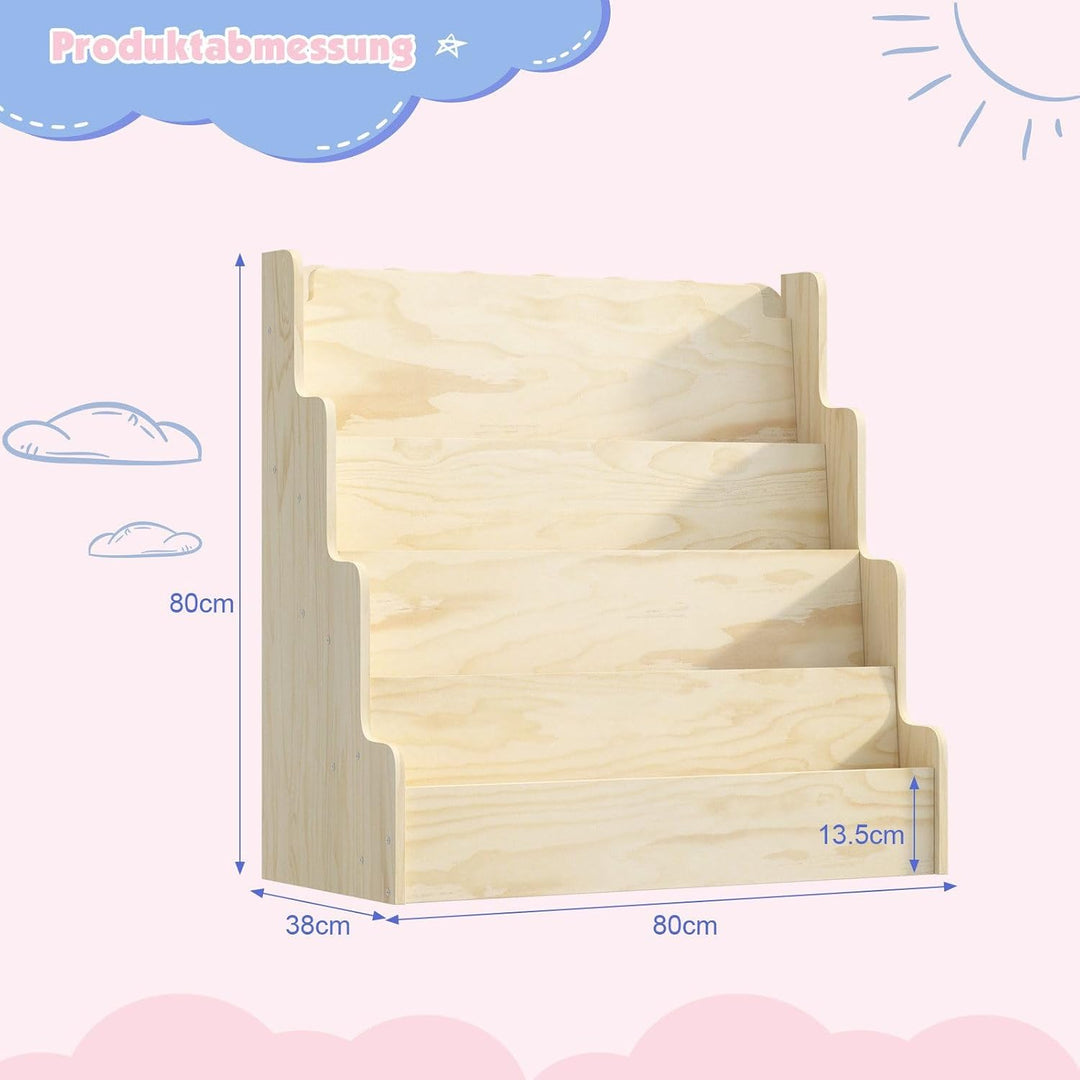 Bücherregal Kinder aus Kieferholz, Kinderregal mit 4 Ablage Montessori Regal stehend für Kinderzimme