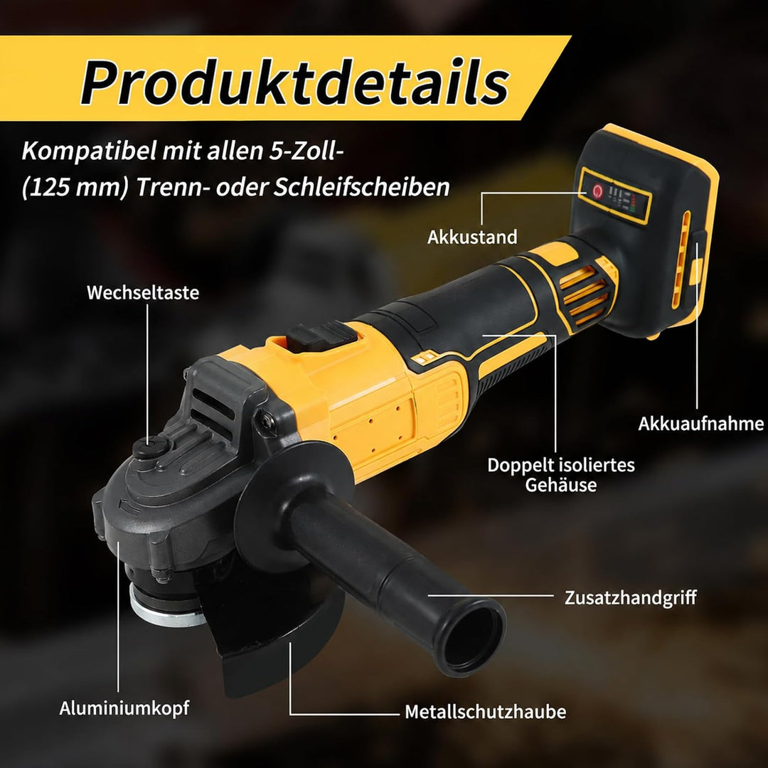 Akku Winkelschleifer für Dewalt 18V, 125 mm 7800U/min Bürstenloser Profi-Schleifer, Akku-Schleifer m