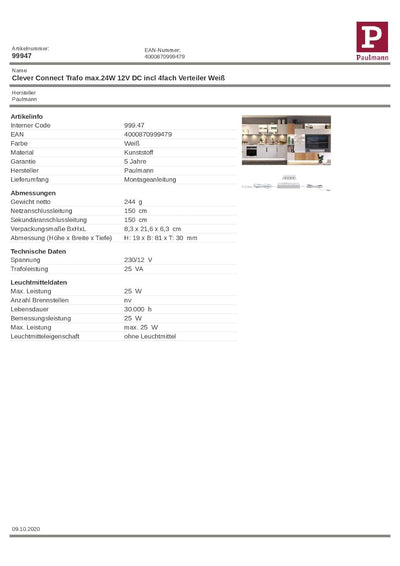 Paulmann 99947 Möbelleuchte Clever Connect Driver 12V DC incl 3fach Verteiler max. 25 Watt Trafo Wei