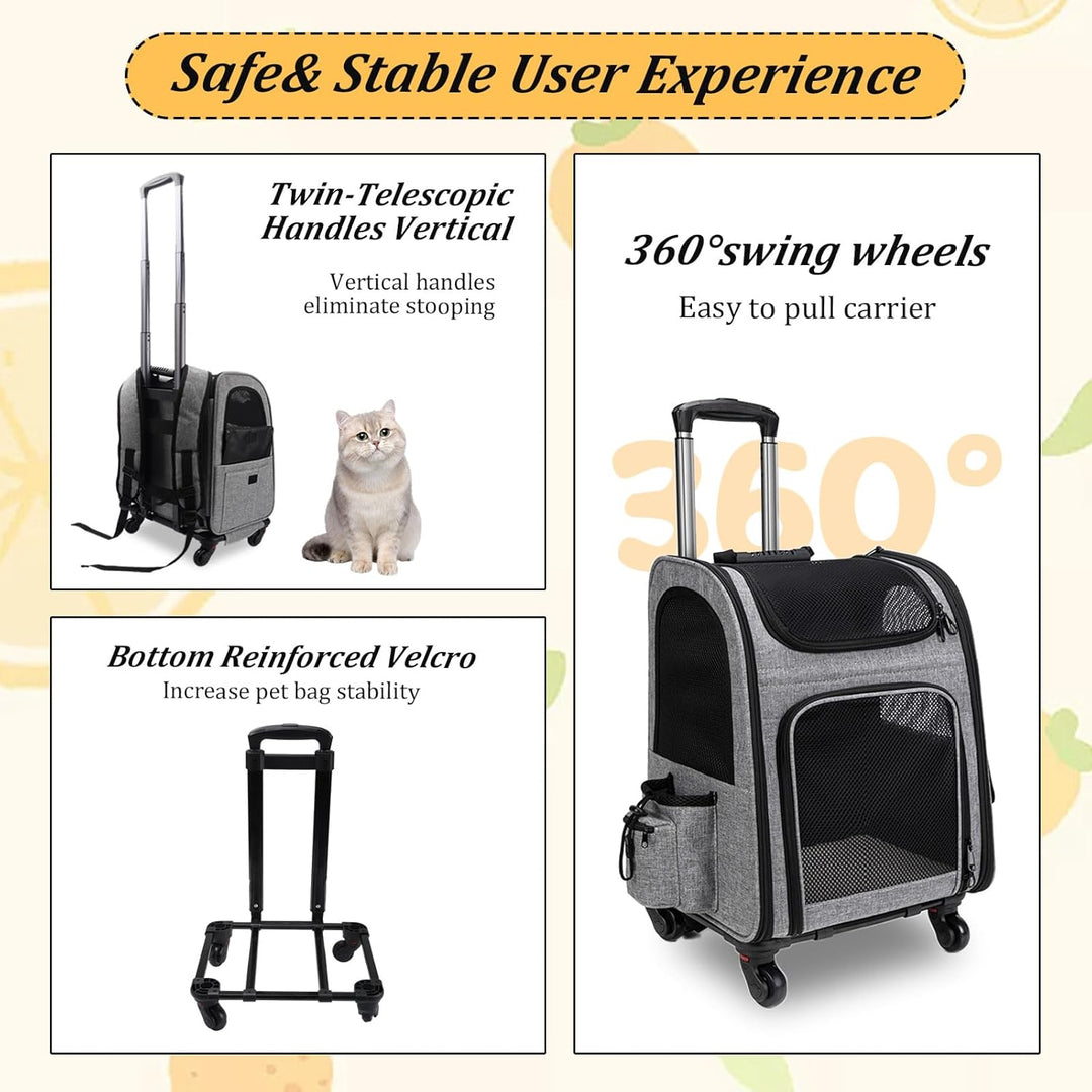 mumisuto Transportbox Katze mit Rädern 360° Drehbar, Transportbox Hund mit Taschen, Hundewagen Troll