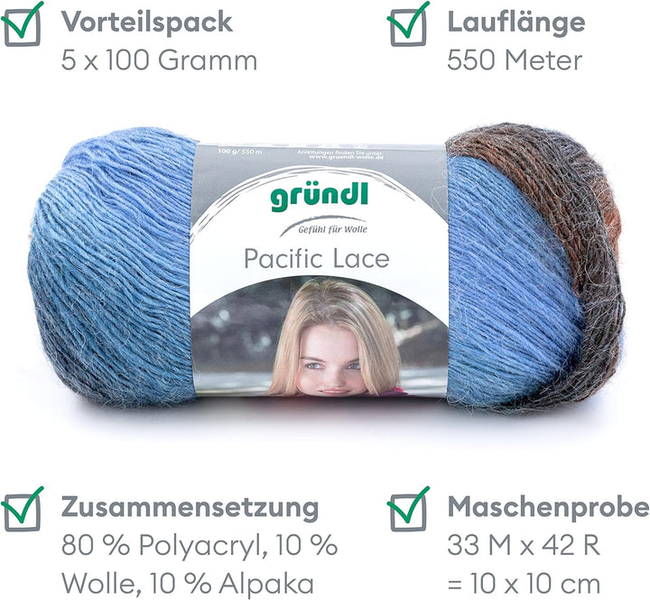 Gründl Pacific Lace (Farbverlaufsgarn mit wollartigem Charakter aus 80% Polyacryl, 10% Wolle, 10% Al
