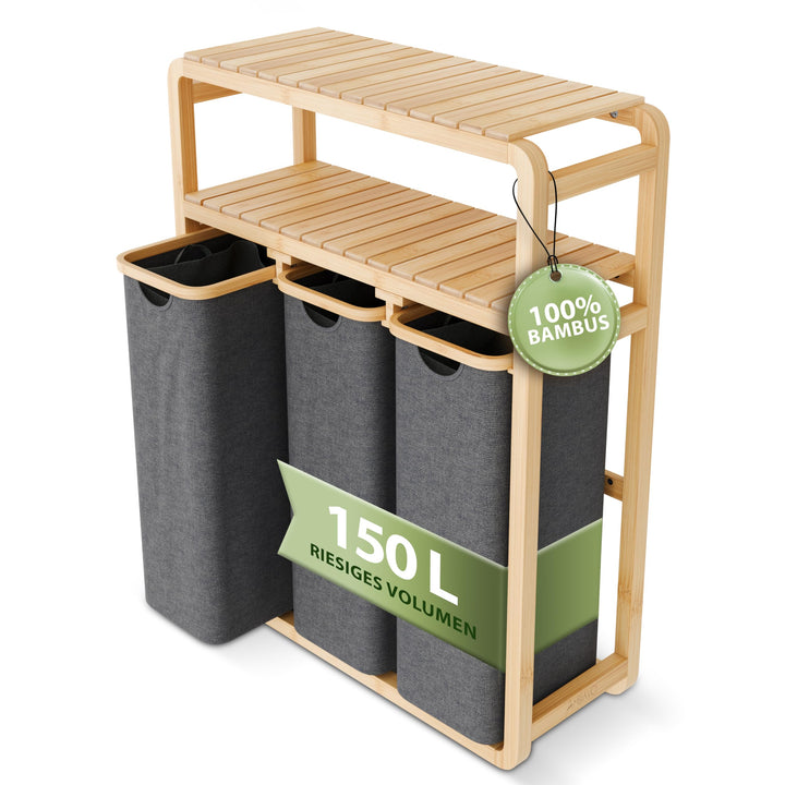 Wäschekorb 3 Fächer mit Ablage grau, 150 L Bambus · Wäschesammler mit Regal · 50 L pro Fach · heraus