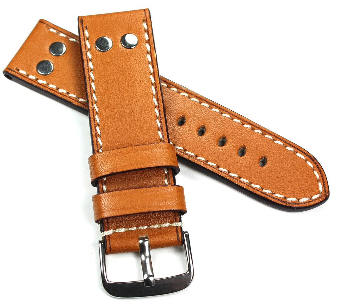 RIOS1931 24mm Kalbsleder Deutsch robust Uhrenarmband Vintage Fliegerband hell braun mit Nieten NT
