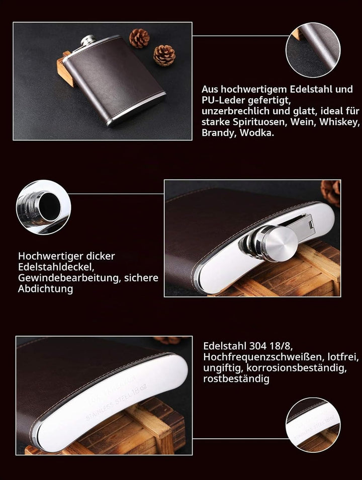 18 oz Coffee Color Stainless Steel Large Capacity Whiskey Liquor Hip Flask with Leather Wrapped, TOX