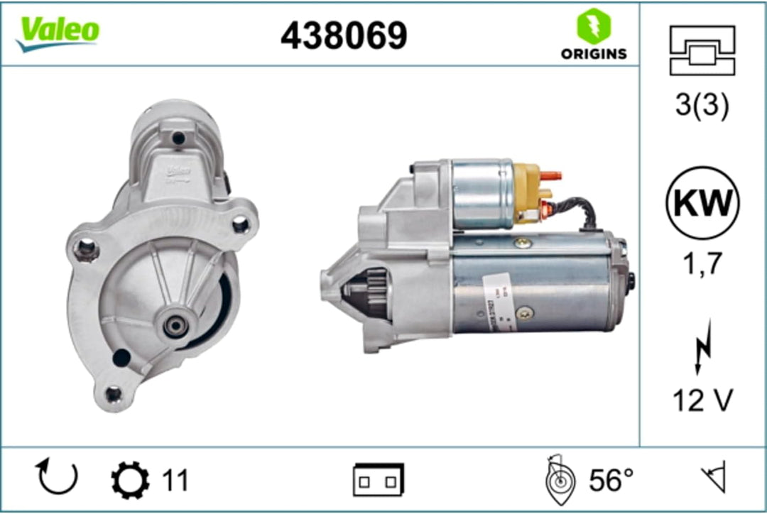 VALEO 438069 Starter Nennleistung: 1,7 kW Stop & Start: NO Zähnezahl: 11 zähne Spannung: 12 V Drehri