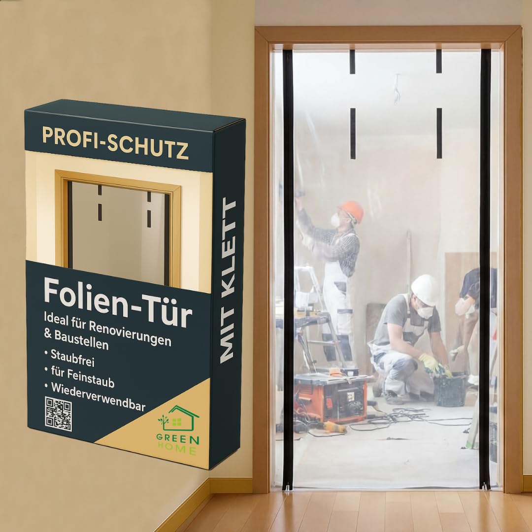 Green Home Staubschutztür Folie mit Reissverschluss Bautür [PE-Folie] 1,20 x 2,20 m inkl. doppelseit