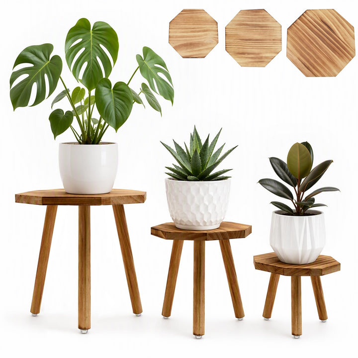 Blumenhocker Holz 3er-Set, 3 Achteckige Blumenständer für Innen