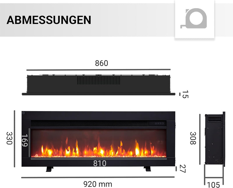 BALDERIA Agnes 36" Elektrokamin - Elektrischer Stand-, Wand- oder Einbaukamin mit Heizung 1000/2000