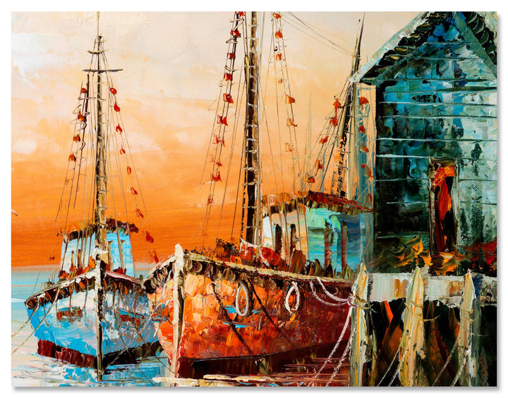 wandmotiv24 Leinwandbild Malerei, 80x60cm, Querformat, Boote, Meer, Deko, Bilder auf Leinwand, Wandd