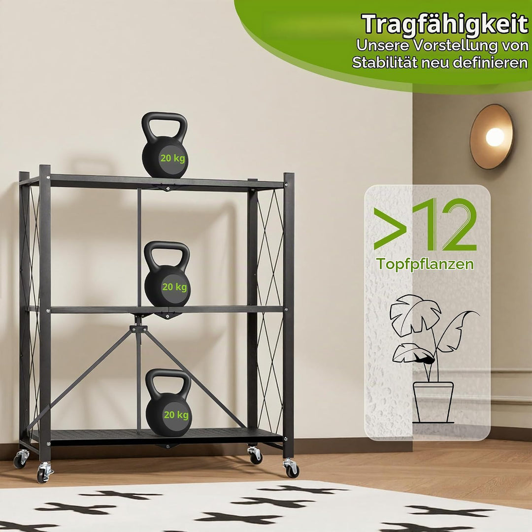 3-Tier Metall Klappbares Blumenregal für drinnen &amp; draussen,Mit Rollen,Faltung,Stabile Eisenkonstruk