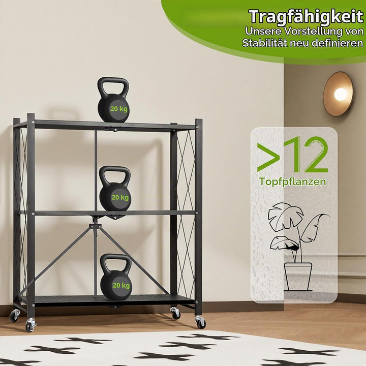 3-Tier Metall Klappbares Blumenregal für drinnen &amp; draussen,Mit Rollen,Faltung,Stabile Eisenkonstruk
