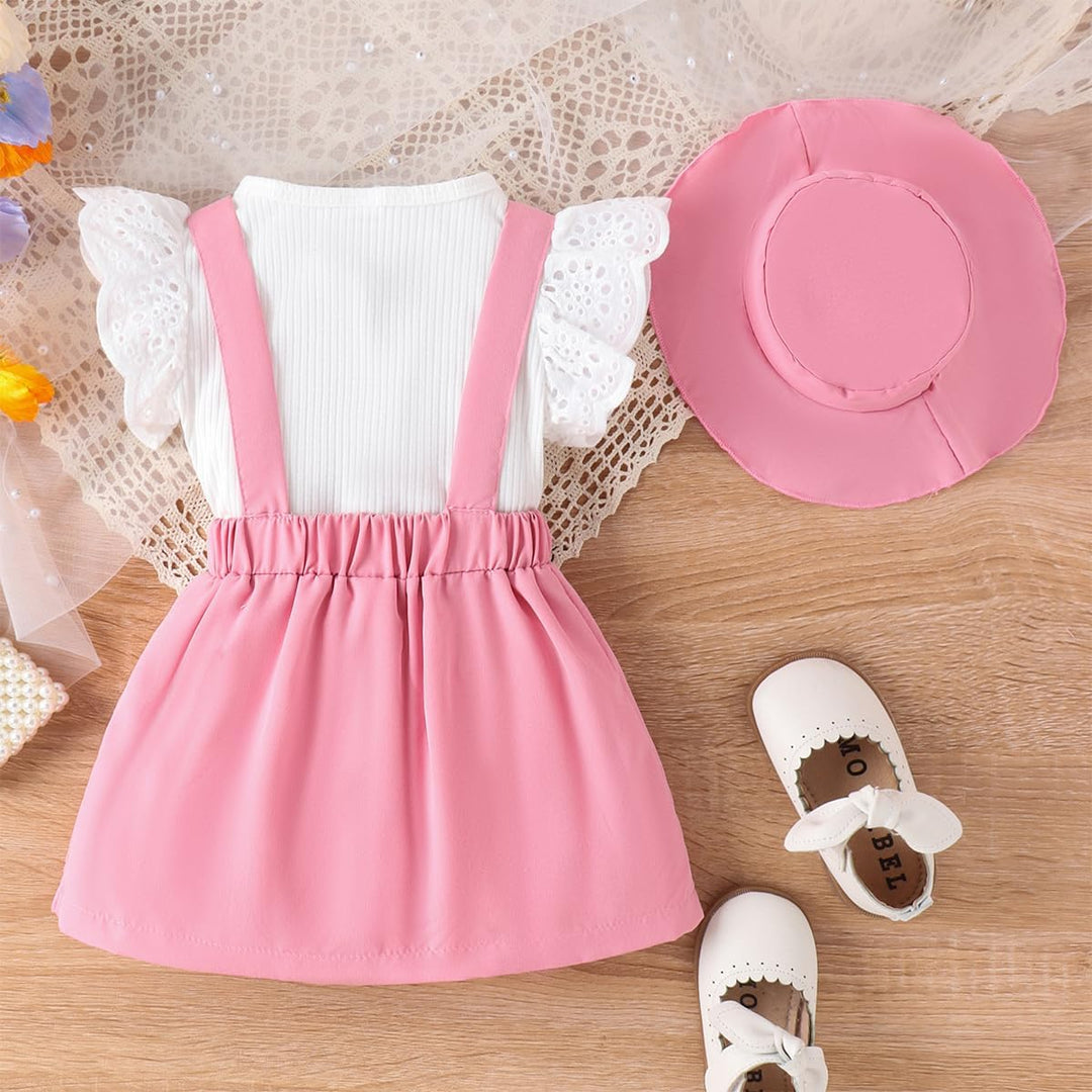 Kleinkind Baby Mädchen Rüschen Hosenschlitz Kurzarm Geripptes Oberteil + Schleife Strapsrock Overall