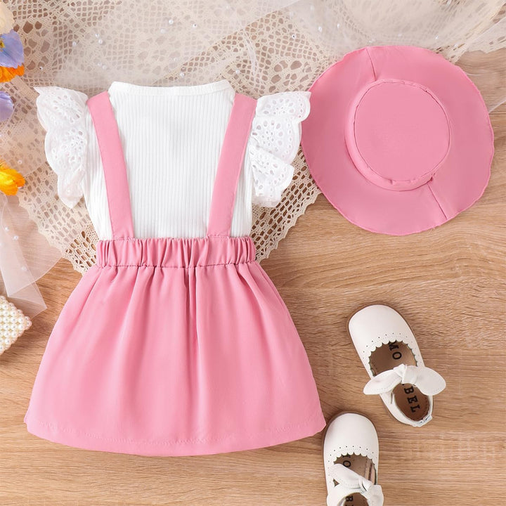 Kleinkind Baby Mädchen Rüschen Hosenschlitz Kurzarm Geripptes Oberteil + Schleife Strapsrock Overall