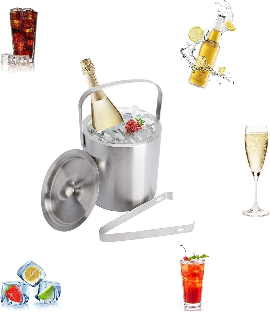 1.3L Eiswürfelbehälter mit Deckel und Zange Doppelwandig Eiswürfelkühler Edelstahl Eiseimer Sektkühl