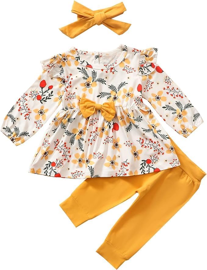 Baby Mädchen Kleidung Bow Floral Rüsche Langarm Top+ Hosen+Stirnband 3Pcs Bekleidungssets 18-24 Mona